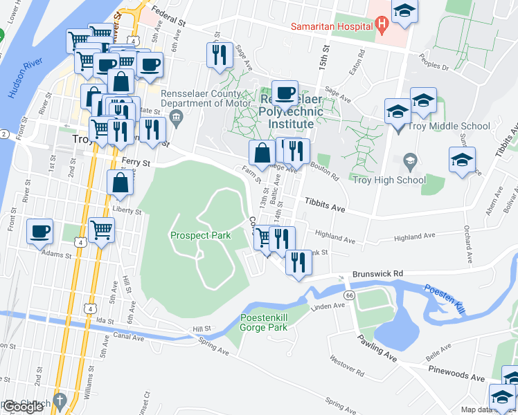 map of restaurants, bars, coffee shops, grocery stores, and more near 281 Congress Street in Troy