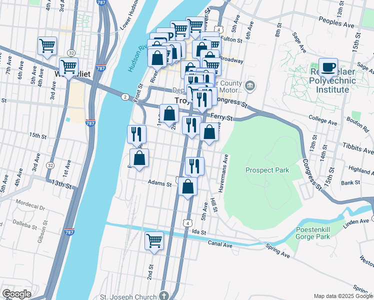 map of restaurants, bars, coffee shops, grocery stores, and more near 56 Division Street in Troy