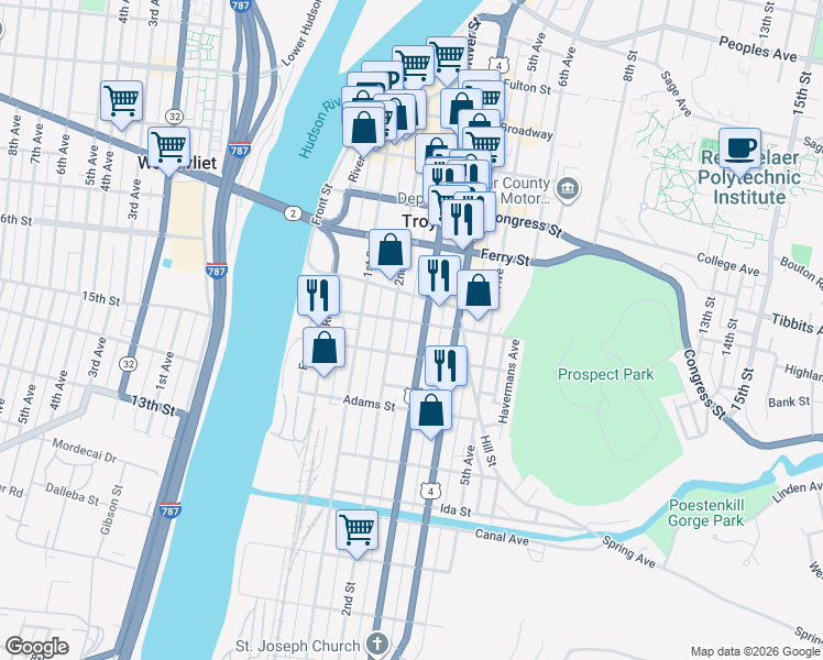 map of restaurants, bars, coffee shops, grocery stores, and more near 56 Division Street in Troy