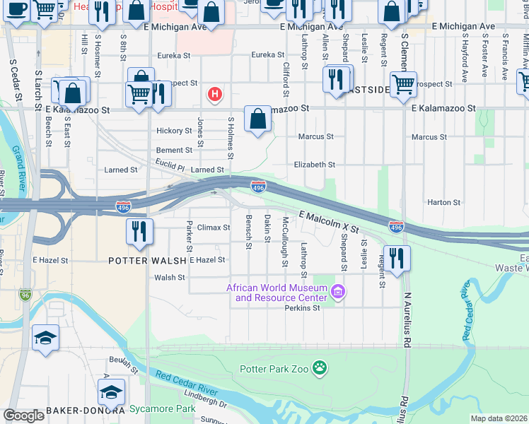 map of restaurants, bars, coffee shops, grocery stores, and more near 1339 Malcolm X Street in Lansing