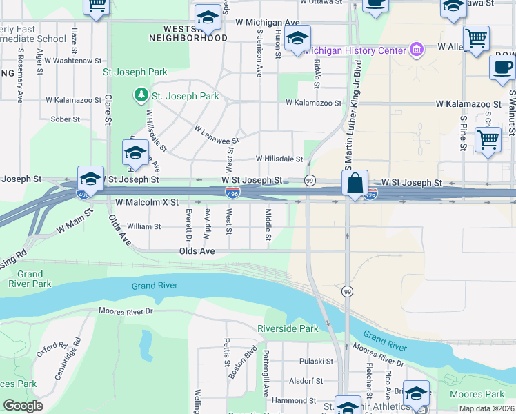 map of restaurants, bars, coffee shops, grocery stores, and more near 1517 West Malcolm X Street in Lansing