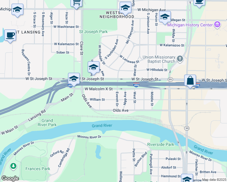 map of restaurants, bars, coffee shops, grocery stores, and more near in Lansing
