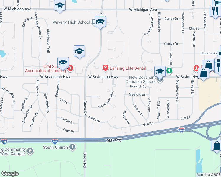 map of restaurants, bars, coffee shops, grocery stores, and more near 4911 West Saint Joseph Highway in Lansing