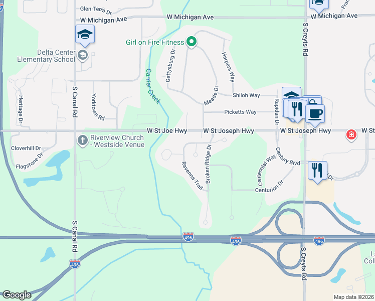 map of restaurants, bars, coffee shops, grocery stores, and more near 6948 Ravenna Trail in Lansing