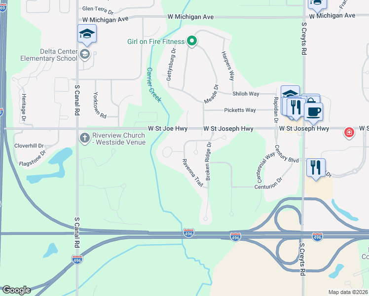 map of restaurants, bars, coffee shops, grocery stores, and more near 6948 Ravenna Trail in Lansing