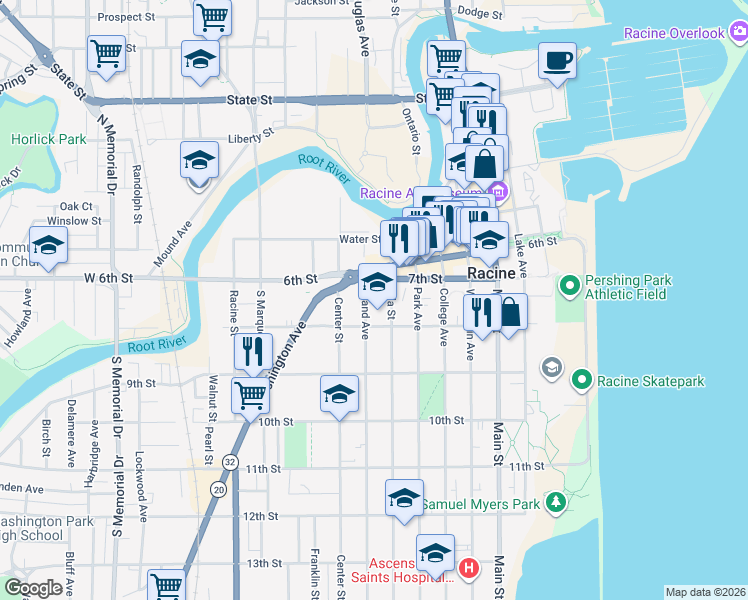 map of restaurants, bars, coffee shops, grocery stores, and more near 602 7th Street in Racine