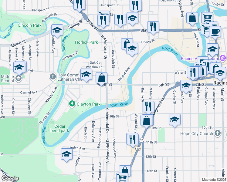 map of restaurants, bars, coffee shops, grocery stores, and more near in Racine