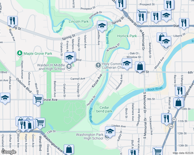 map of restaurants, bars, coffee shops, grocery stores, and more near 2007 Carmel Avenue in Racine