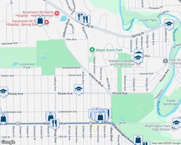 map of restaurants, bars, coffee shops, grocery stores, and more near 518 Blaine Avenue in Racine