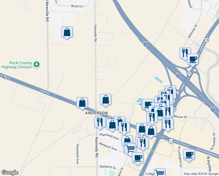 map of restaurants, bars, coffee shops, grocery stores, and more near 3534 Kennedy Road in Janesville