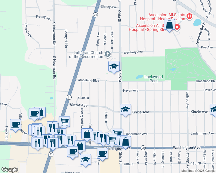 map of restaurants, bars, coffee shops, grocery stores, and more near 4901 Graceland Boulevard in Racine