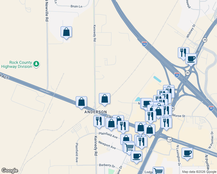 map of restaurants, bars, coffee shops, grocery stores, and more near 3534 Kennedy Road in Janesville