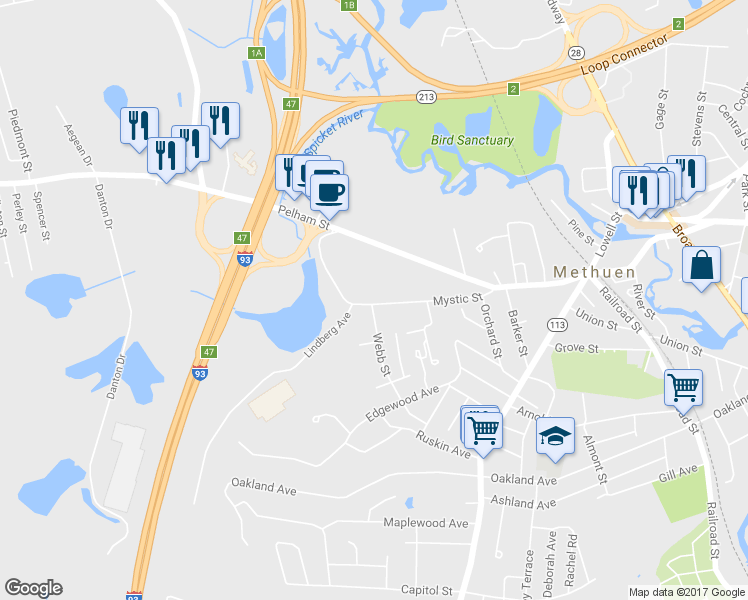 map of restaurants, bars, coffee shops, grocery stores, and more near 43 Mystic Street in Methuen