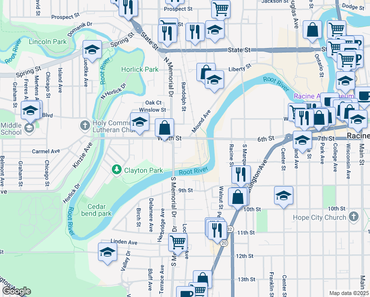 map of restaurants, bars, coffee shops, grocery stores, and more near 1403 West 6th Street in Racine