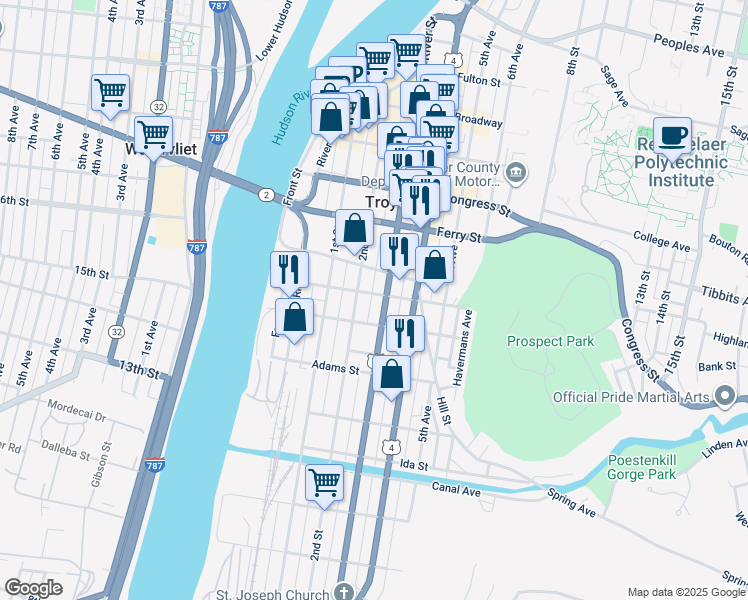 map of restaurants, bars, coffee shops, grocery stores, and more near 249 Liberty Street in Troy