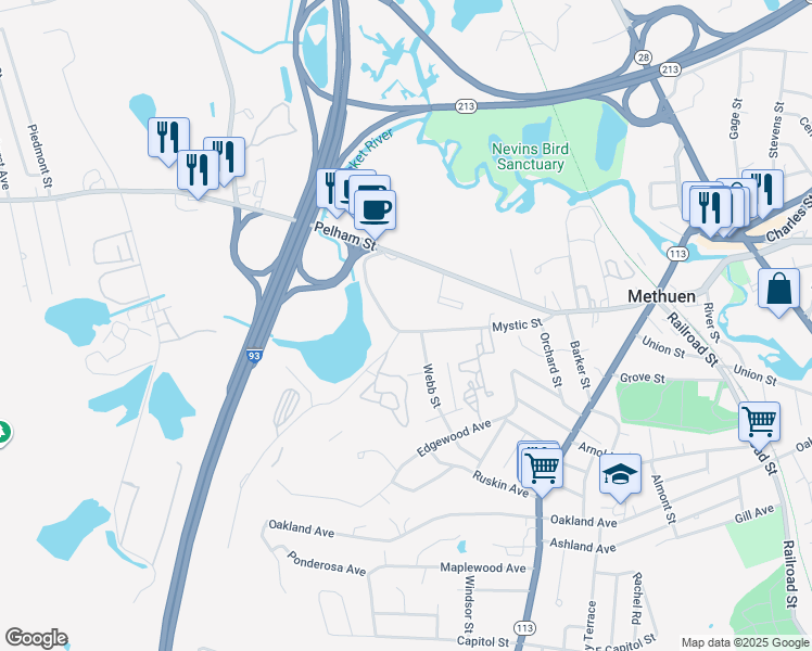 map of restaurants, bars, coffee shops, grocery stores, and more near 43 Mystic Street in Methuen