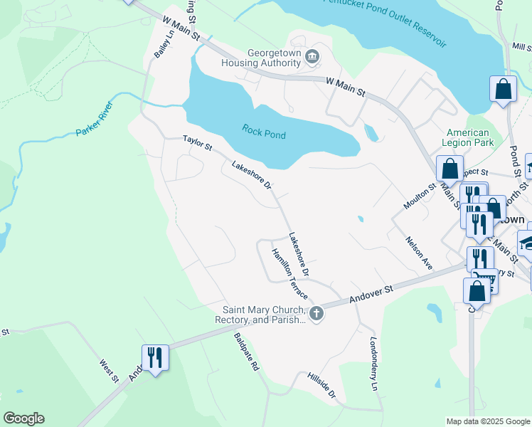 map of restaurants, bars, coffee shops, grocery stores, and more near 21 Beverly Drive in Georgetown