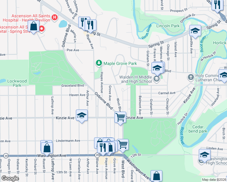 map of restaurants, bars, coffee shops, grocery stores, and more near 602 West Boulevard in Racine