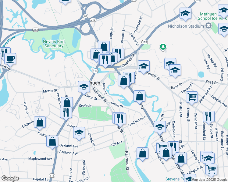 map of restaurants, bars, coffee shops, grocery stores, and more near 4 Gleason Street in Methuen