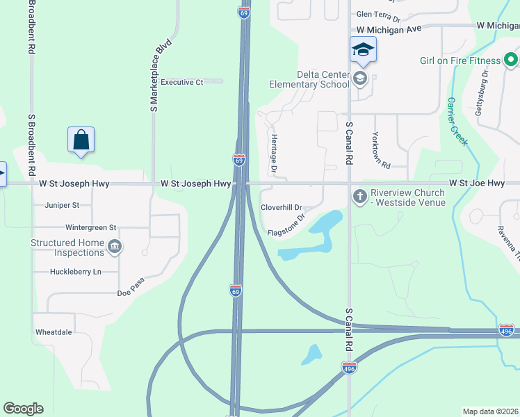 map of restaurants, bars, coffee shops, grocery stores, and more near 827 Flagstone Drive in Lansing