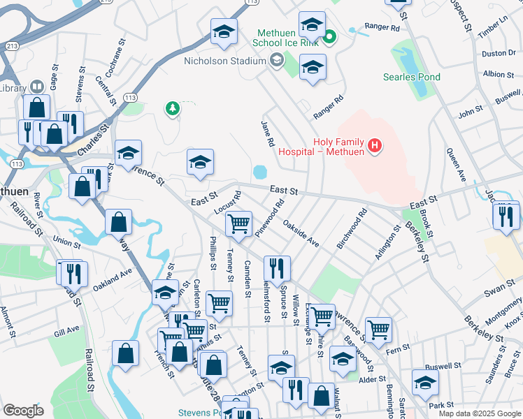 map of restaurants, bars, coffee shops, grocery stores, and more near 142 Oakside Avenue in Methuen
