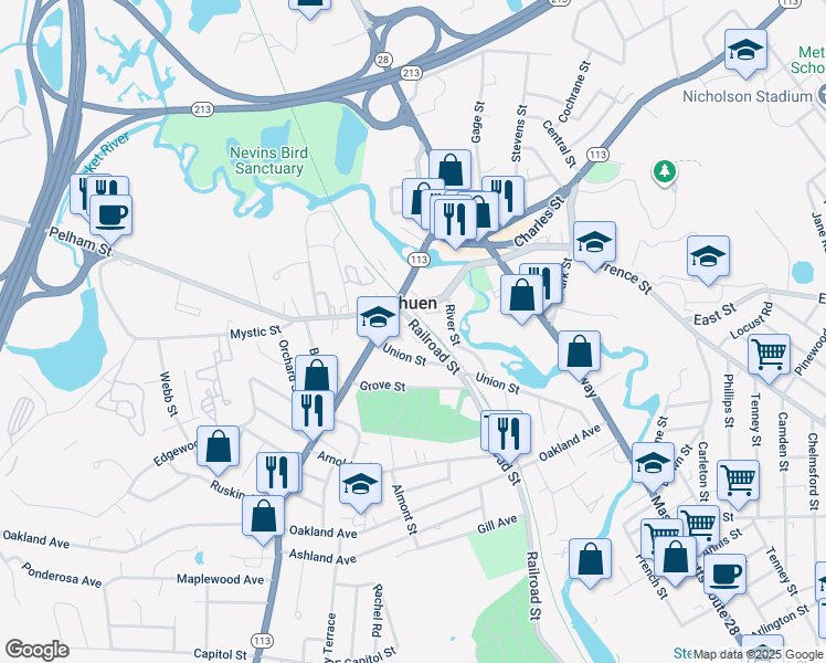 map of restaurants, bars, coffee shops, grocery stores, and more near 58 Osgood Street in Methuen