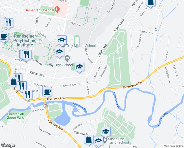 map of restaurants, bars, coffee shops, grocery stores, and more near 15 Ahern Avenue in Troy