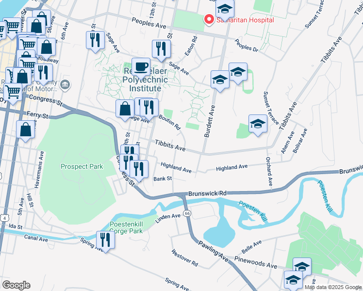 map of restaurants, bars, coffee shops, grocery stores, and more near 1526 Bouton Road in Troy