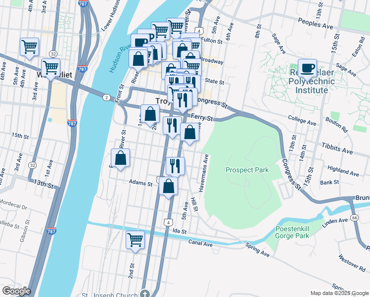 map of restaurants, bars, coffee shops, grocery stores, and more near 80 Division Street in Troy