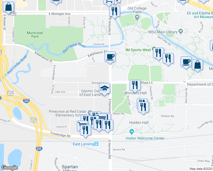 map of restaurants, bars, coffee shops, grocery stores, and more near 714 South Harrison Road in East Lansing