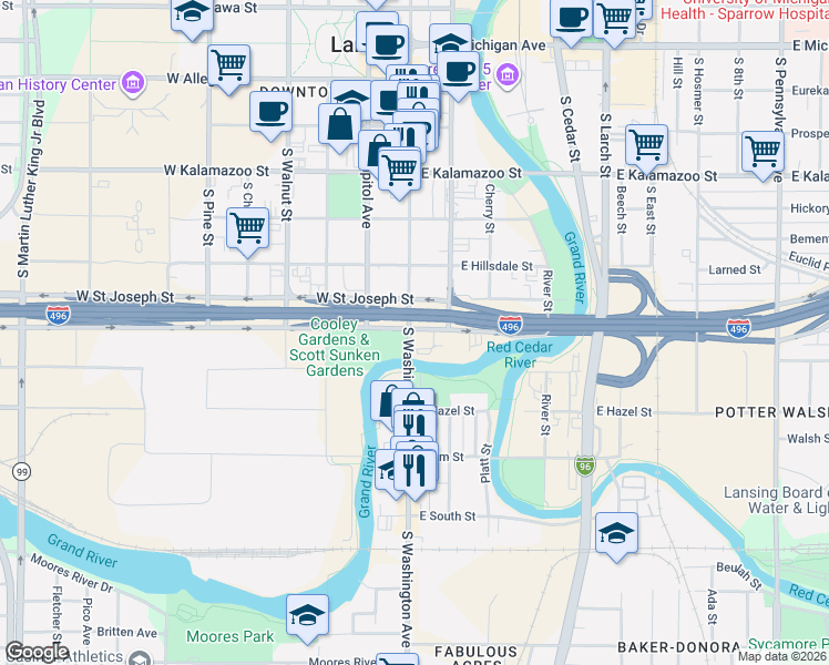 map of restaurants, bars, coffee shops, grocery stores, and more near 603-699 South Washington Avenue in Lansing