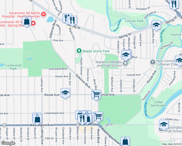 map of restaurants, bars, coffee shops, grocery stores, and more near 602 West Boulevard in Racine
