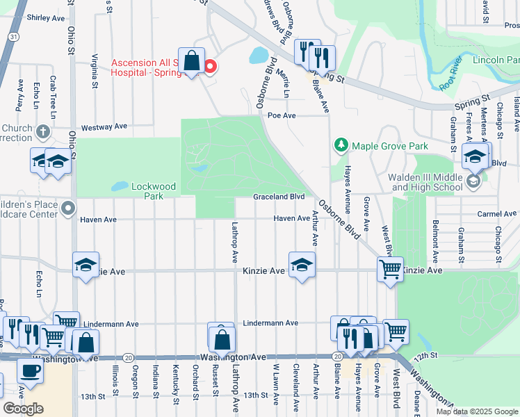 map of restaurants, bars, coffee shops, grocery stores, and more near 602 Monroe Avenue in Racine