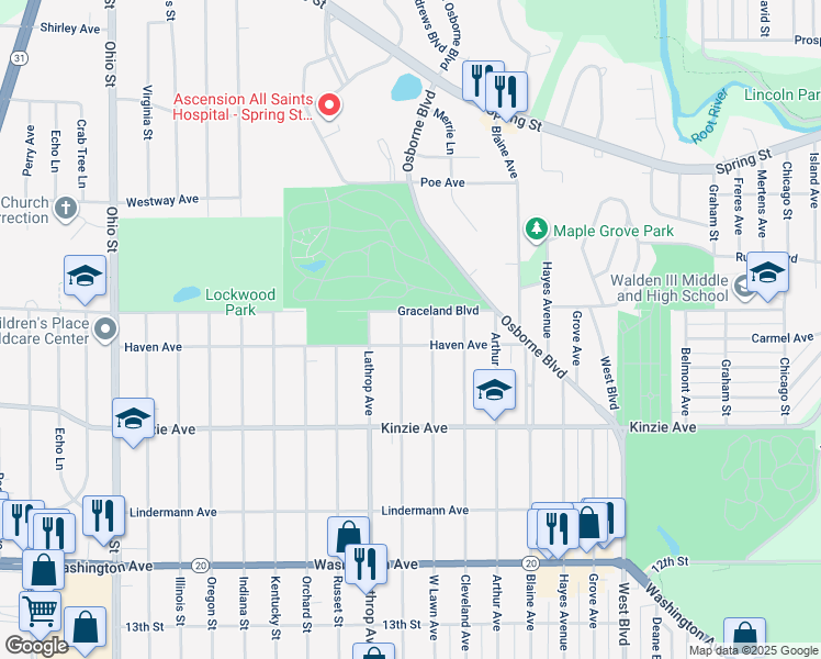 map of restaurants, bars, coffee shops, grocery stores, and more near 602 Monroe Avenue in Racine