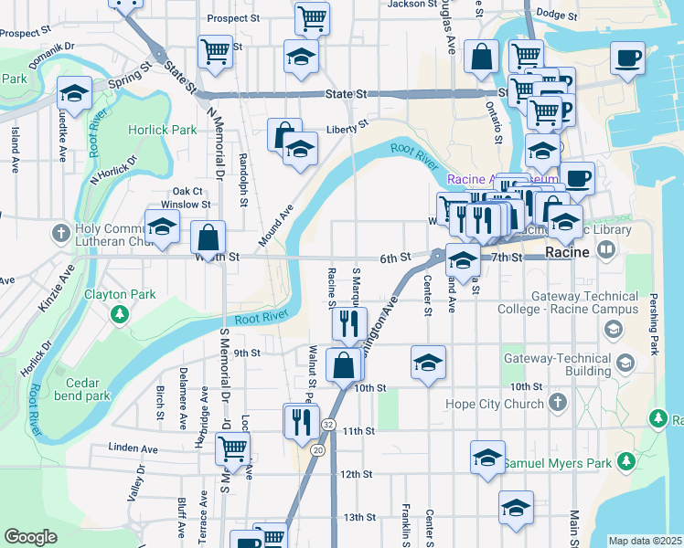 map of restaurants, bars, coffee shops, grocery stores, and more near 1100 6th Street in Racine