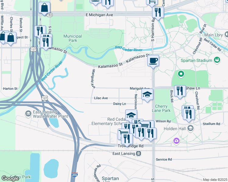 map of restaurants, bars, coffee shops, grocery stores, and more near 1134 Marigold Avenue in East Lansing