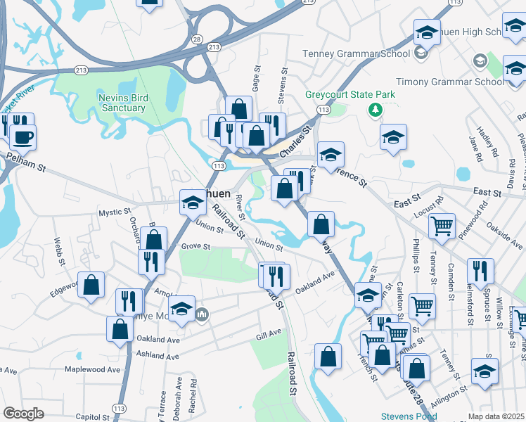 map of restaurants, bars, coffee shops, grocery stores, and more near 4 Gleason Street in Methuen