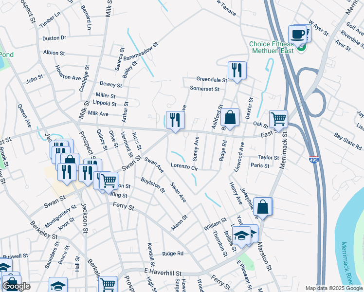 map of restaurants, bars, coffee shops, grocery stores, and more near 171 East Street in Methuen