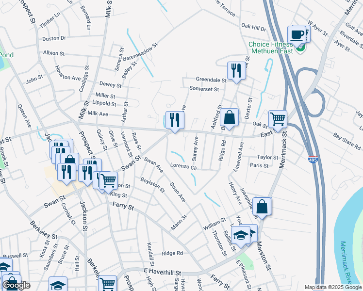 map of restaurants, bars, coffee shops, grocery stores, and more near 171 East Street in Methuen