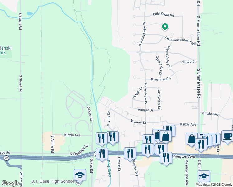 map of restaurants, bars, coffee shops, grocery stores, and more near 6825 Redstone Circle in Racine