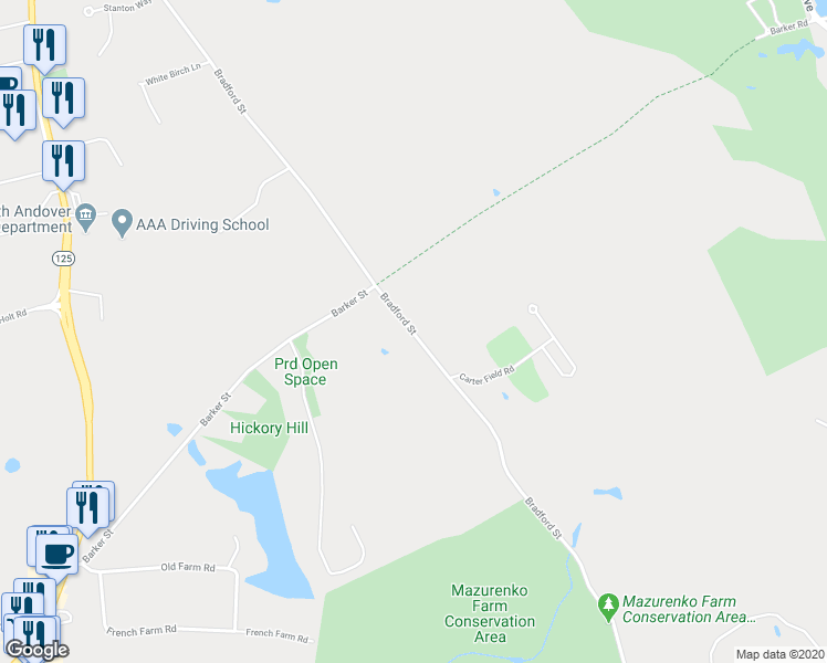 map of restaurants, bars, coffee shops, grocery stores, and more near 350 Bradford Street in North Andover
