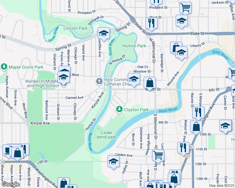 map of restaurants, bars, coffee shops, grocery stores, and more near 1833 West 6th Street in Racine