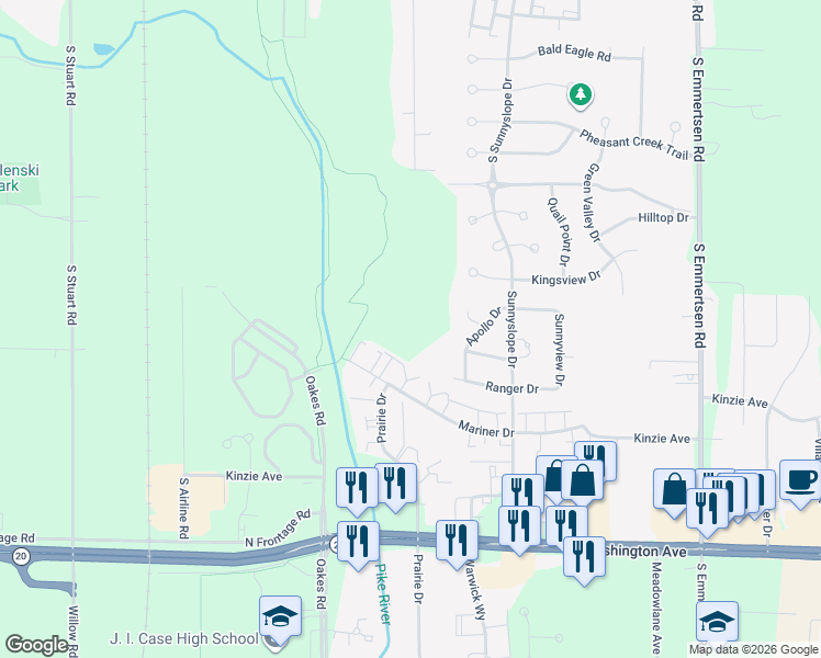 map of restaurants, bars, coffee shops, grocery stores, and more near 6825 Redstone Circle in Racine