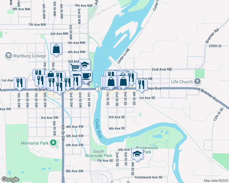map of restaurants, bars, coffee shops, grocery stores, and more near 105 East Bremer Avenue in Waverly