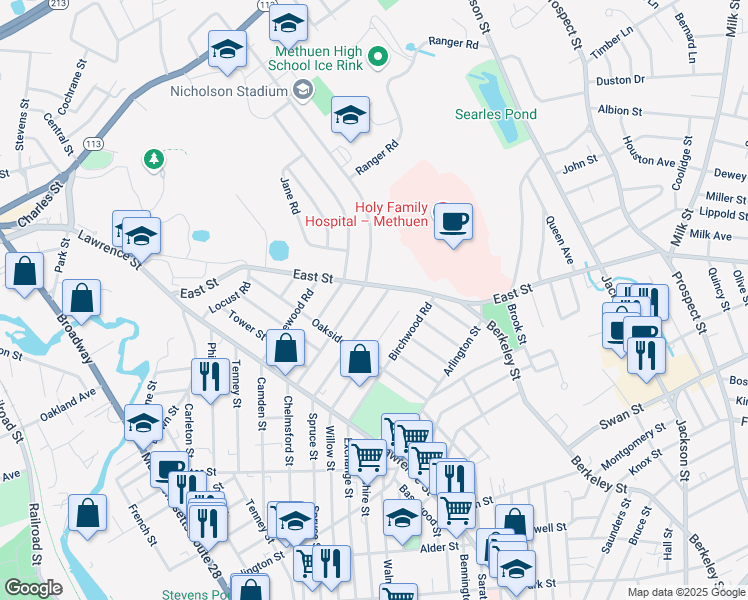 map of restaurants, bars, coffee shops, grocery stores, and more near 53 East Street in Methuen
