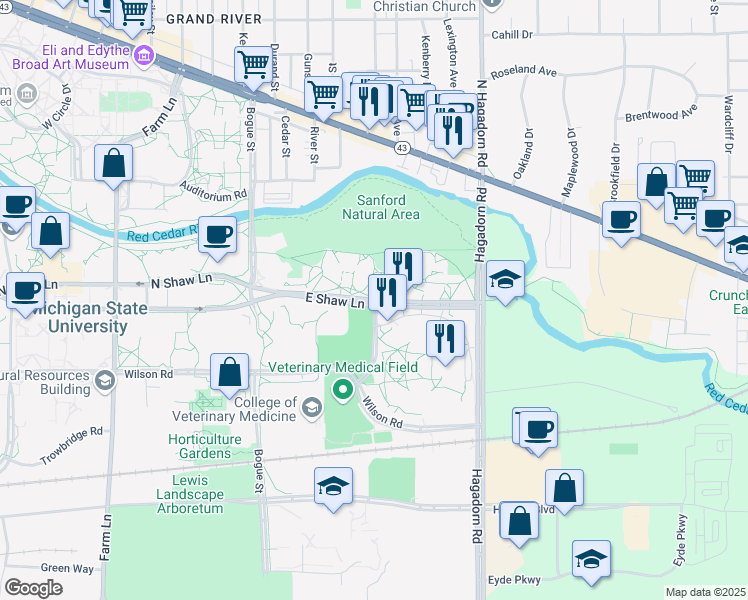 map of restaurants, bars, coffee shops, grocery stores, and more near East Shaw Lane in East Lansing