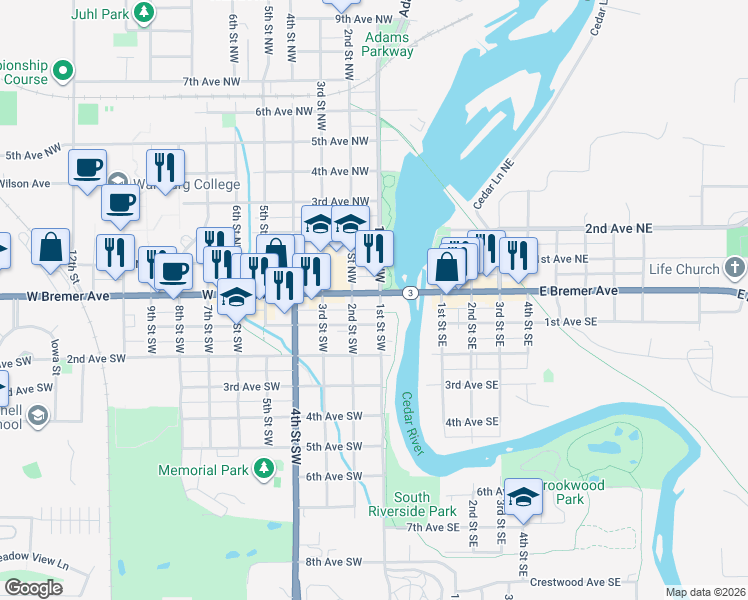 map of restaurants, bars, coffee shops, grocery stores, and more near 200 1st Street Northeast in Waverly