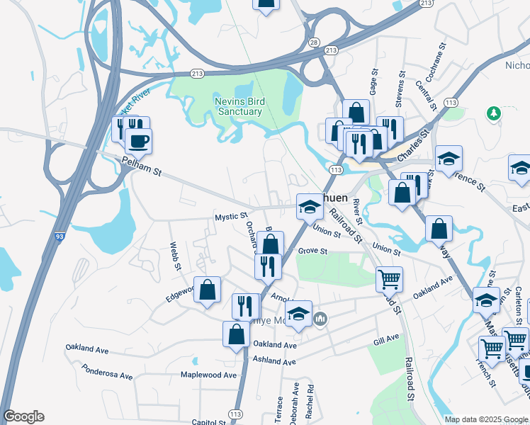map of restaurants, bars, coffee shops, grocery stores, and more near 72 Pelham Street in Methuen