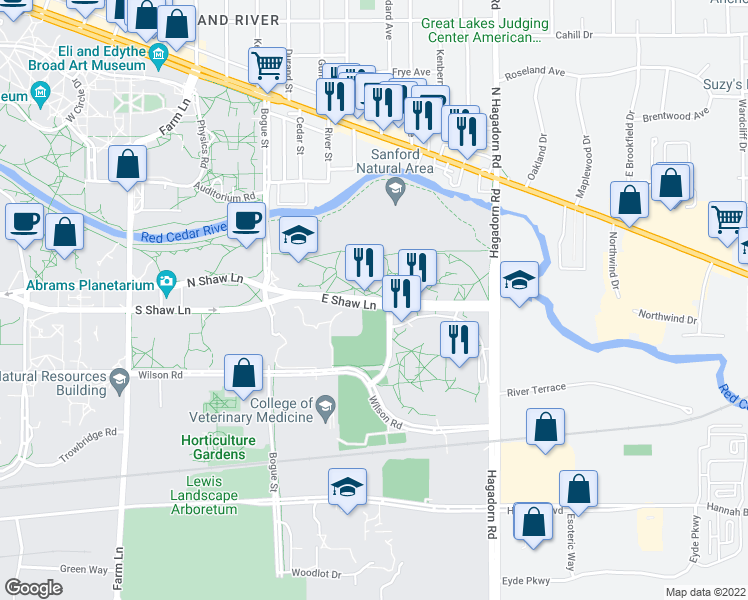 map of restaurants, bars, coffee shops, grocery stores, and more near East Shaw Lane in East Lansing