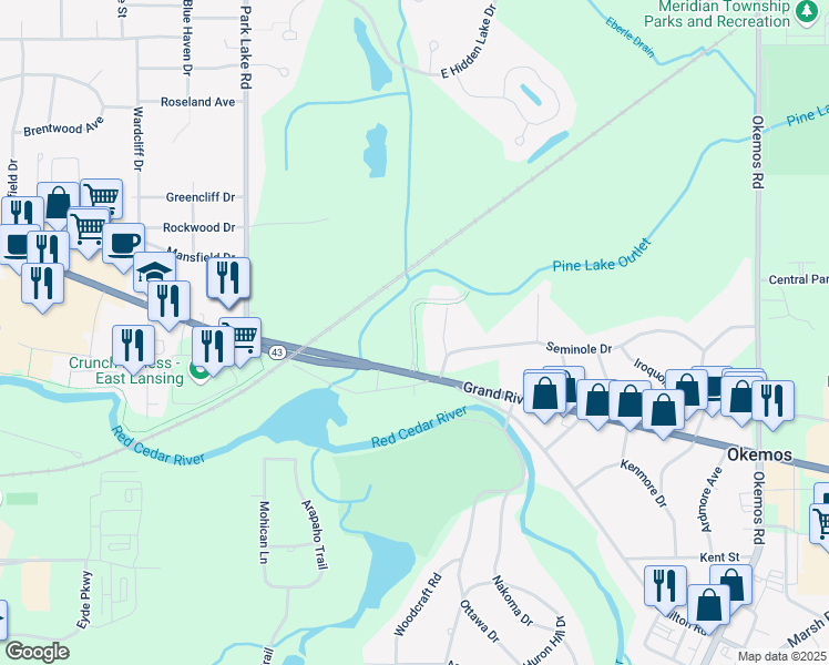 map of restaurants, bars, coffee shops, grocery stores, and more near 4965 Campus Hill Drive in Meridian charter Township